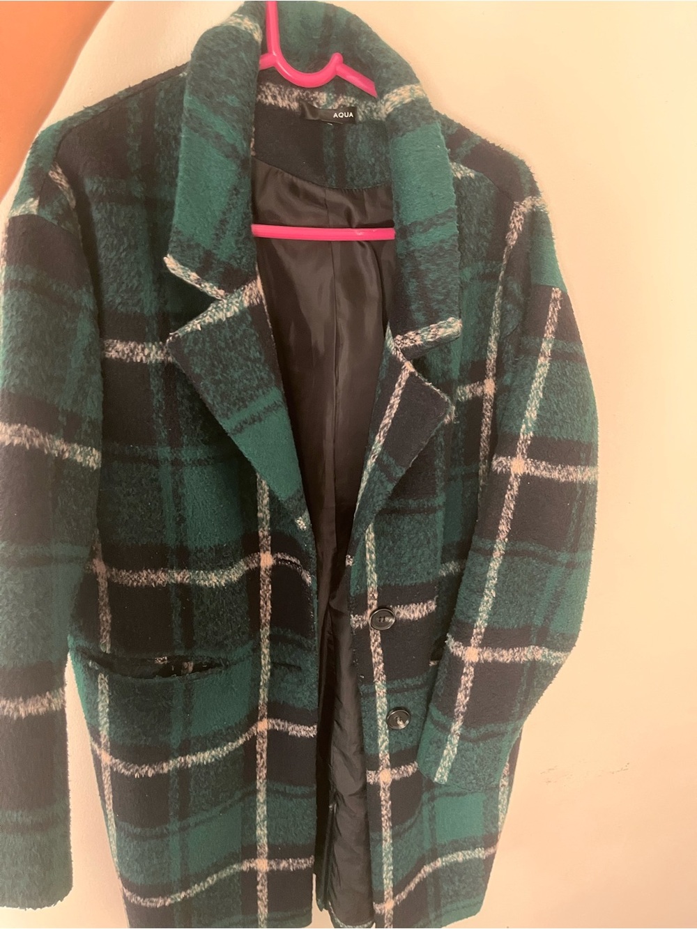 Green & Navy Plaid Wool Blend Trench Coat